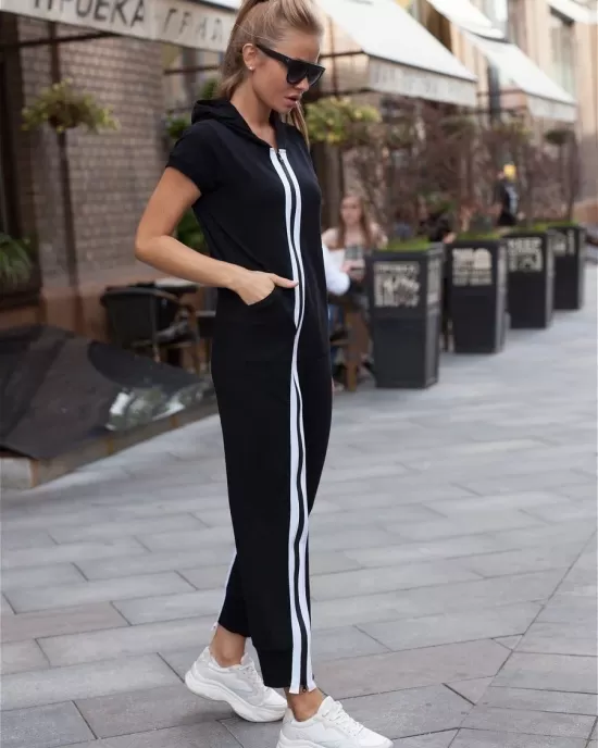 Fashion Stripes Zipper Hooded Jumpsuits