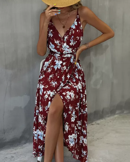 Vacation Sleeveless Floral Printed Backless V-Neck Dress