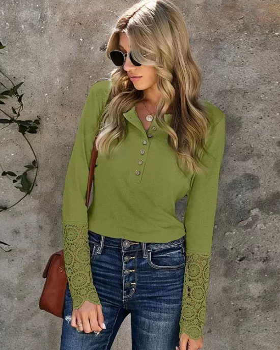 Casual Loose Buckle Solid Deep V-Neck Shirts Top