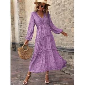 Vacation Puff Sleeves Floral Printed V-Neck Dress