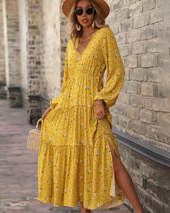 Vacation Puff Sleeves Floral Printed V-Neck Dress