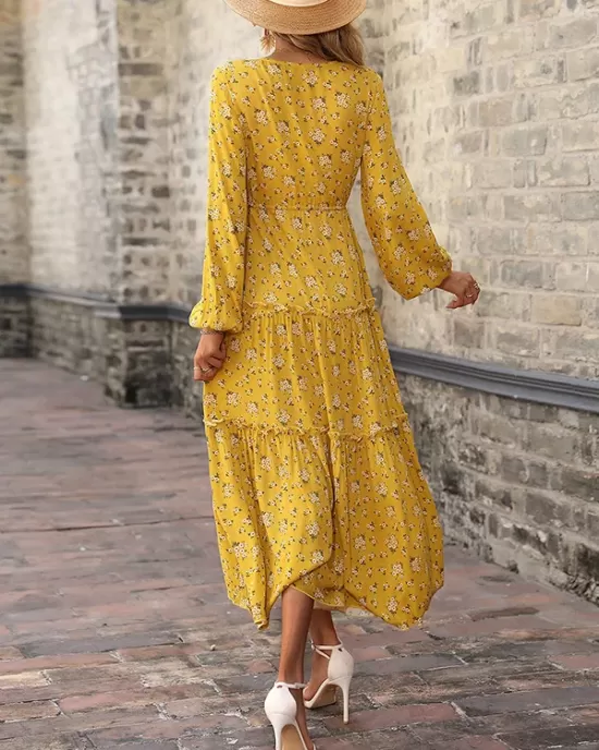 Vacation Puff Sleeves Floral Printed V-Neck Dress