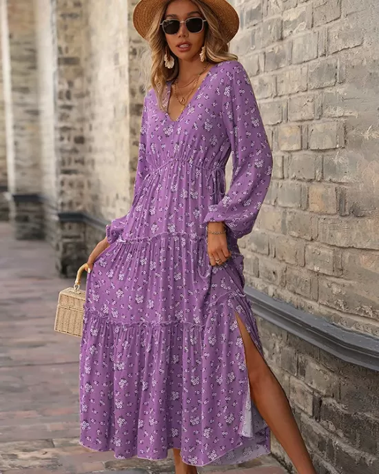 Vacation Puff Sleeves Floral Printed V-Neck Dress