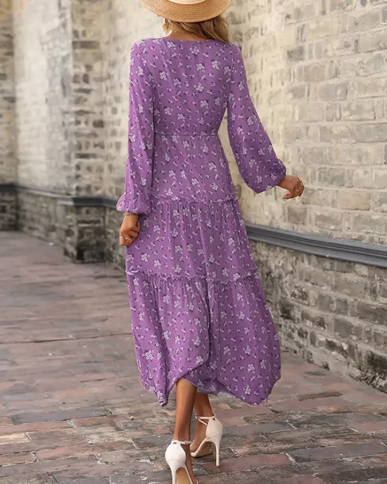 Vacation Puff Sleeves Floral Printed V-Neck Dress