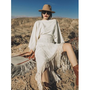 Vacation Loose Puff Sleeves Tasseled Solid Color Round-Neck Maxi Dress