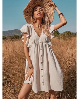 Vacation Buckle Solid Color V-Neck Mini Dress
