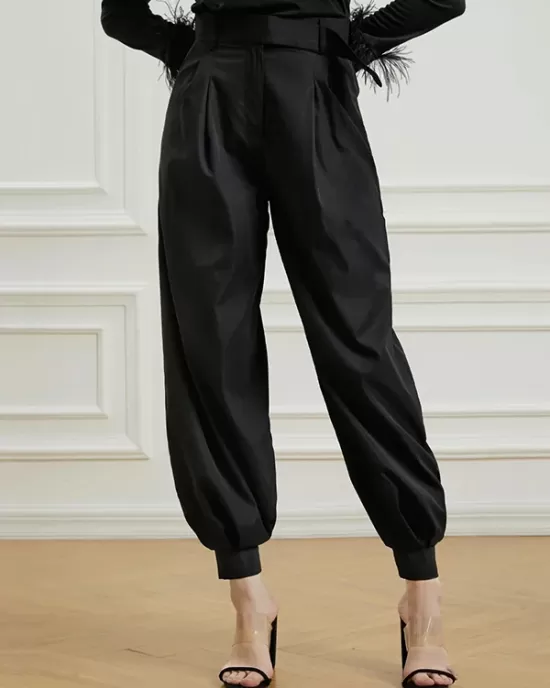 Simple High Waisted Black Casual Harem Pants Bottoms