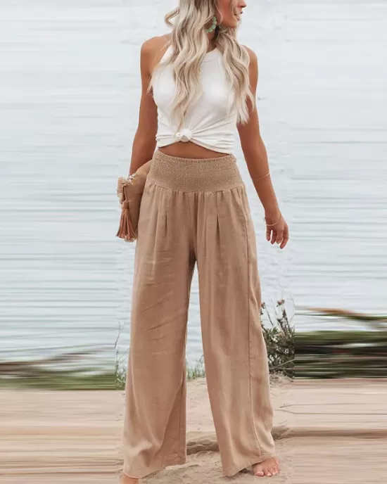 Simple Casual Solid Color Ramie Cotton Wide Legs Pants