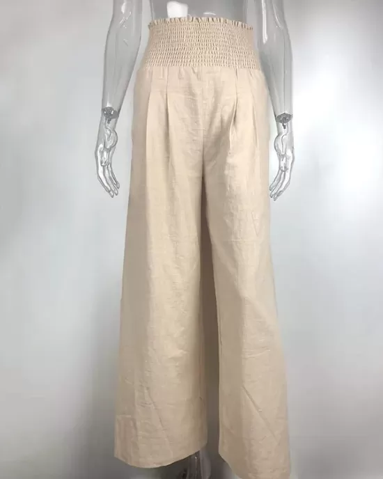 Simple Casual Solid Color Ramie Cotton Wide Legs Pants