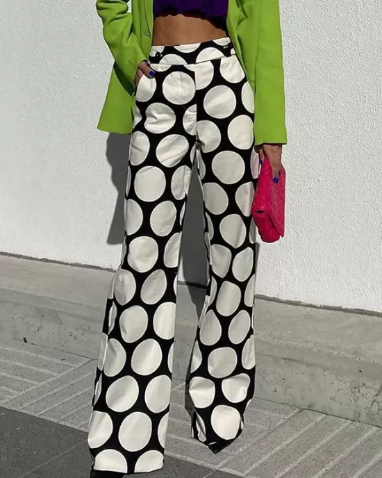 Original Contrast Color Polka-Dot Printed Wide Leg Pants