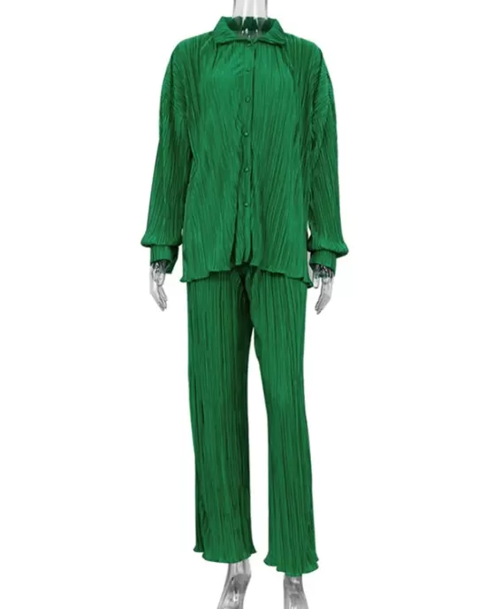 Loose Solid Color Pleated Blouse&Wide Legs Pants 2 Pieces Set