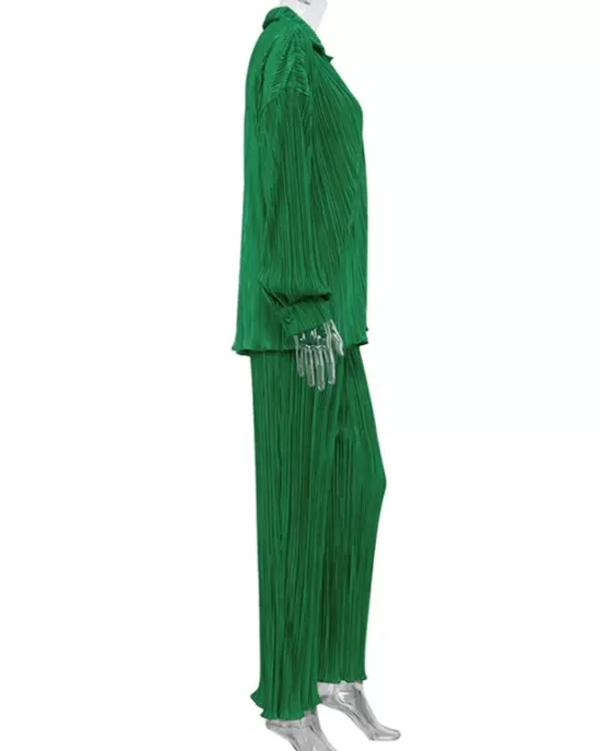 Loose Solid Color Pleated Blouse&Wide Legs Pants 2 Pieces Set