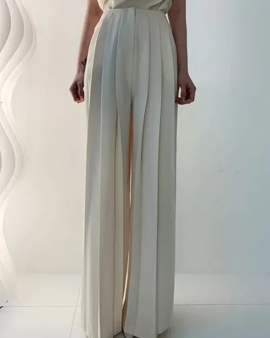 Urban Solid Color Pleats High Waisted Wide Leg Pants