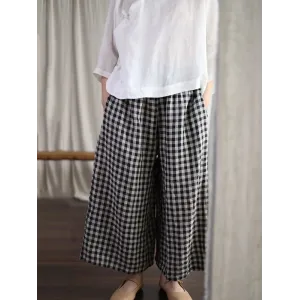 Artistic Retro Linen Loose Wide Legs Plaid Drawstring Pants