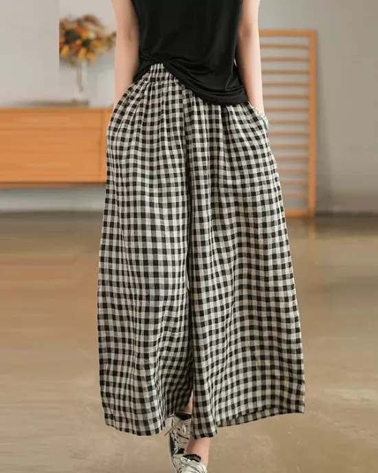 Artistic Retro Linen Loose Wide Legs Plaid Drawstring Pants