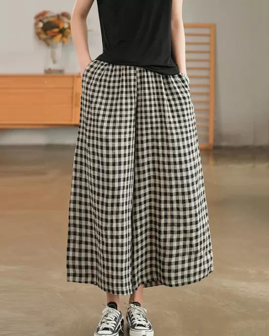 Artistic Retro Linen Loose Wide Legs Plaid Drawstring Pants