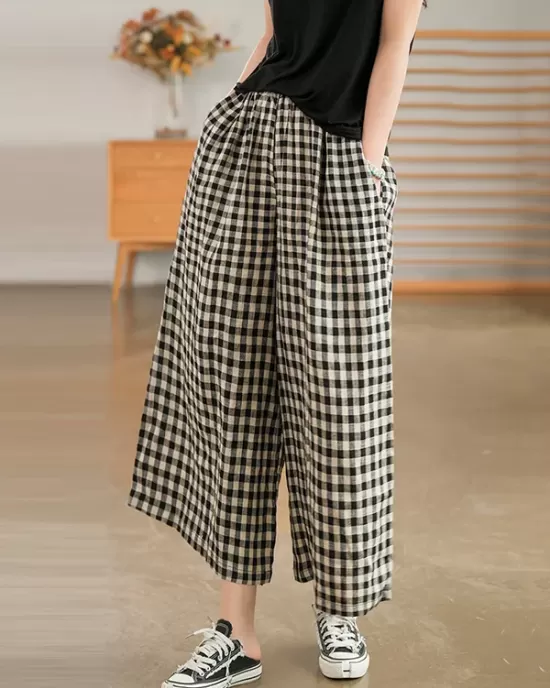 Artistic Retro Linen Loose Wide Legs Plaid Drawstring Pants