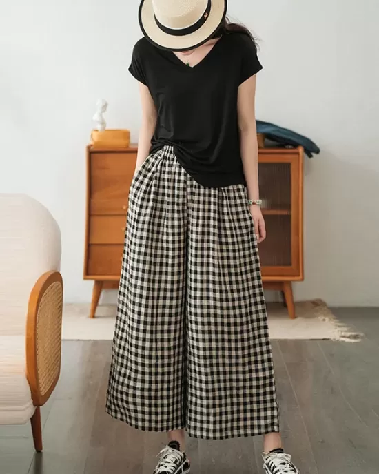 Artistic Retro Linen Loose Wide Legs Plaid Drawstring Pants