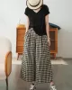 Artistic Retro Linen Loose Wide Legs Plaid Drawstring Pants