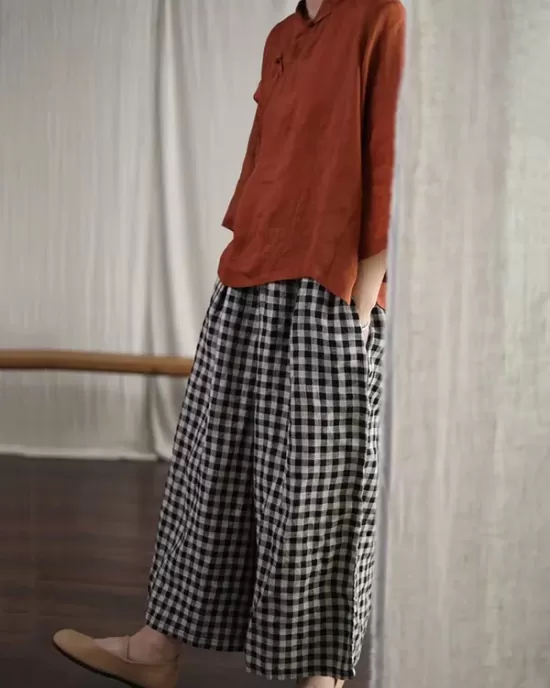 Artistic Retro Linen Loose Wide Legs Plaid Drawstring Pants