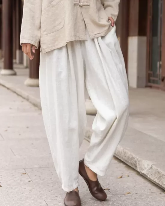 Simple Casual Loose Solid Color Ramie Cotton Pants