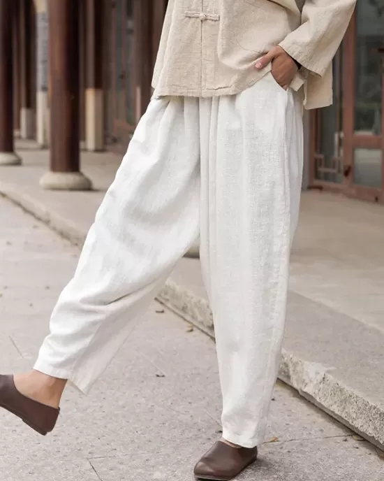 Simple Casual Loose Solid Color Ramie Cotton Pants