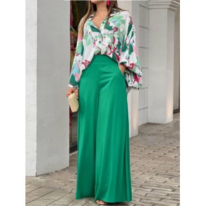 Original Contrast Color Blouse&Solid Wide Legs Pants 2 Pieces Set