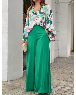 Original Contrast Color Blouse&Solid Wide Legs Pants 2 Pieces Set