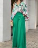 Original Contrast Color Blouse&Solid Wide Legs Pants 2 Pieces Set