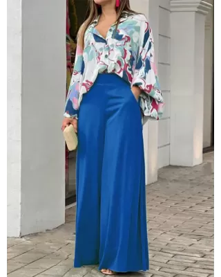 Original Contrast Color Blouse&Solid Wide Legs Pants 2 Pieces Set