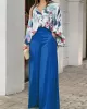 Original Contrast Color Blouse&Solid Wide Legs Pants 2 Pieces Set