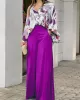 Original Contrast Color Blouse&Solid Wide Legs Pants 2 Pieces Set