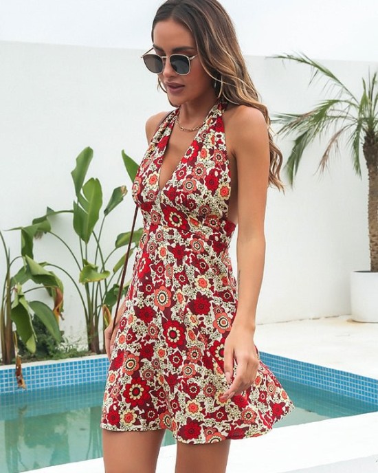 Women Sleeveless Floral Backless Bohemia Dress