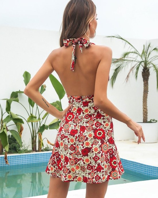 Women Sleeveless Floral Backless Bohemia Dress