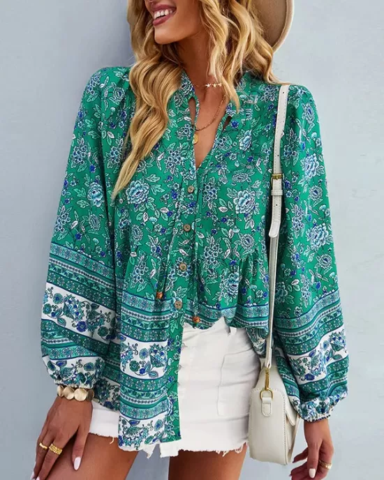 Long Sleeve Button Floral Blouse