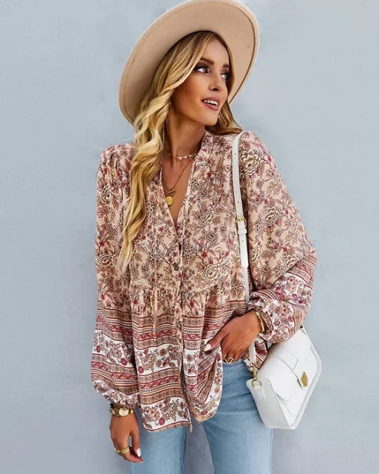 Long Sleeve Button Floral Blouse