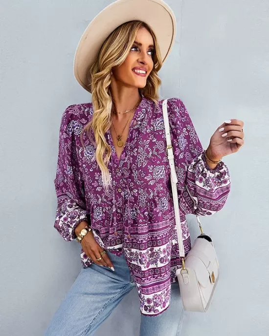 Long Sleeve Button Floral Blouse