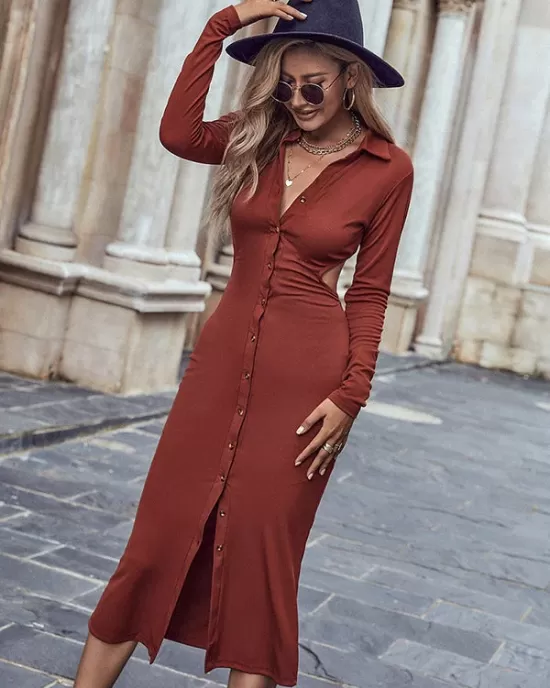 Long Sleeves Buckle Solid Color V-Neck Dress