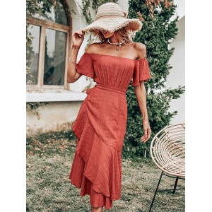 Vacation Irregularity Solid Color One-Shoulder Dress