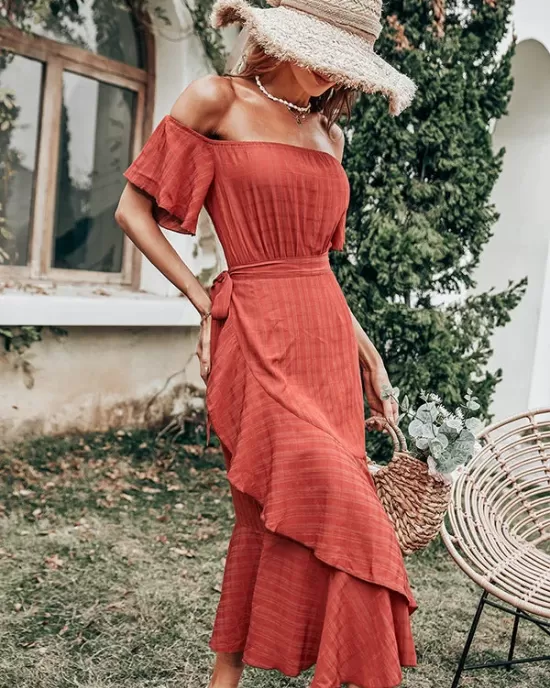 Vacation Irregularity Solid Color One-Shoulder Dress