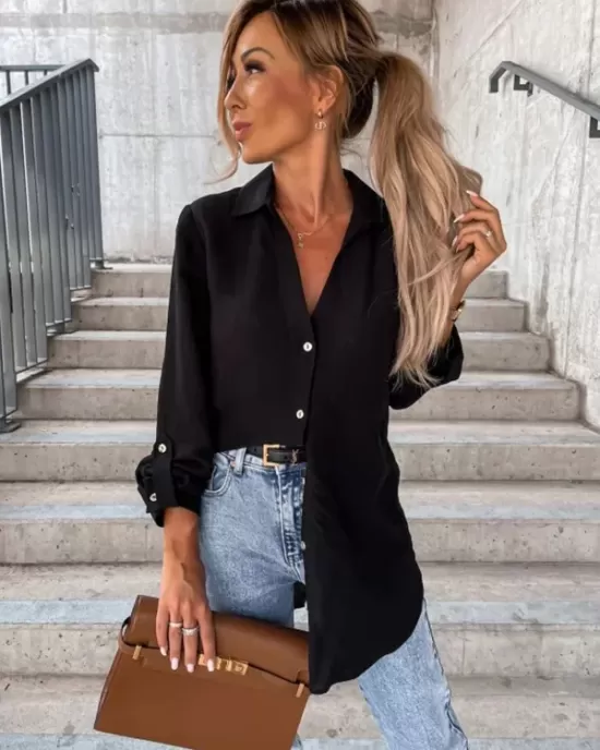 Trendy Long Sleeves Solid Color Lapel Collar Blouses