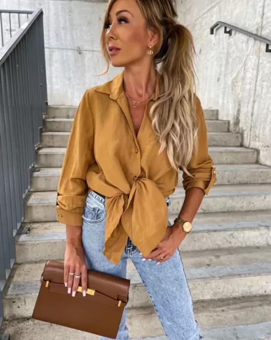 Trendy Long Sleeves Solid Color Lapel Collar Blouses