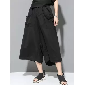 Simple Loose Wide Leg Solid Color Casual Three-Quarter Pants Bottoms