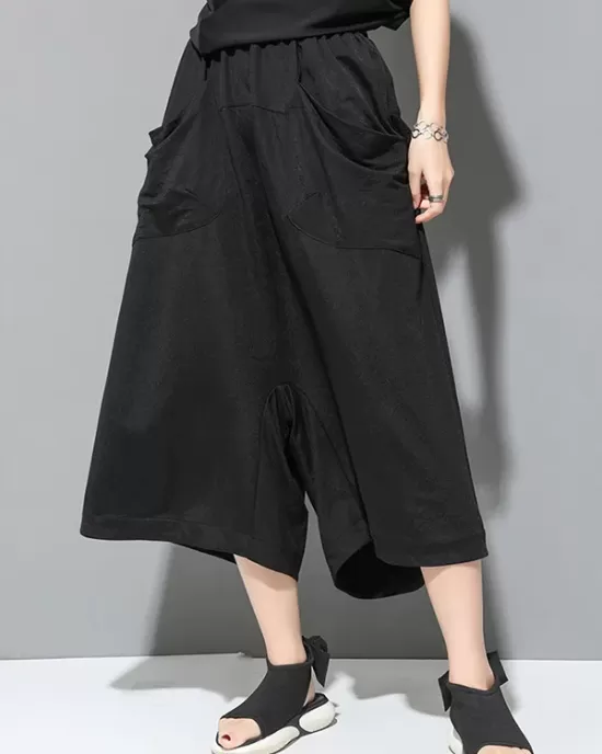 Simple Loose Wide Leg Solid Color Casual Three-Quarter Pants Bottoms