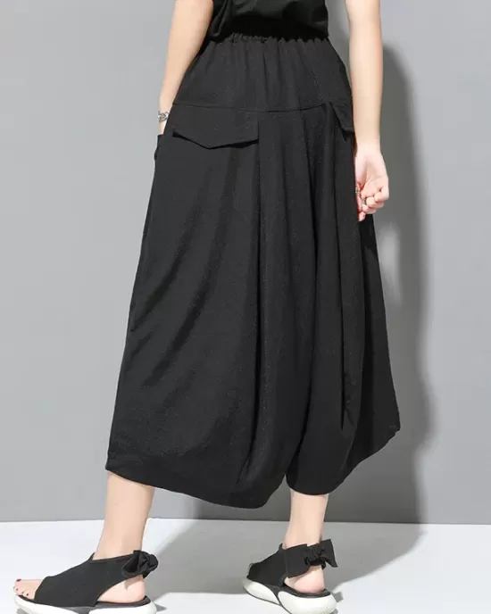 Simple Loose Wide Leg Solid Color Casual Three-Quarter Pants Bottoms