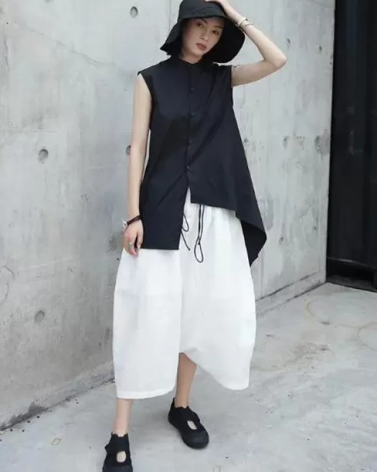 Loose White Linen Split-side Harem Pants