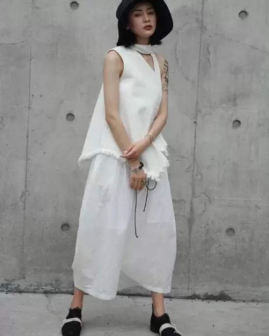 Loose White Linen Split-side Harem Pants