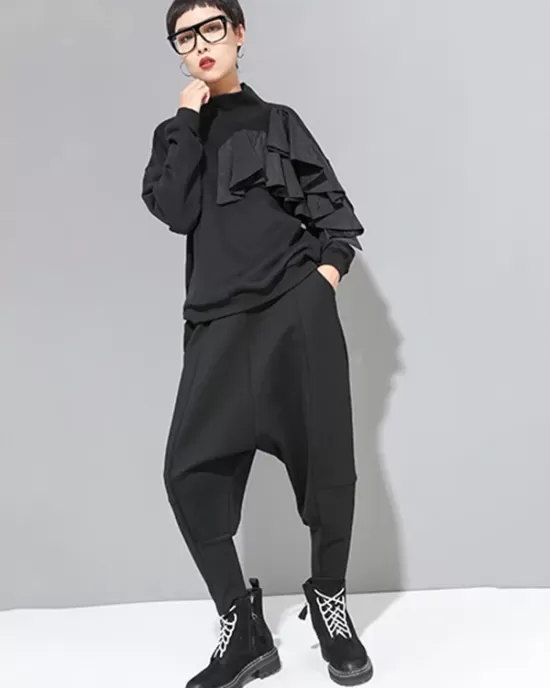 Stylish Black Velvet Split-Joint Harem Pants