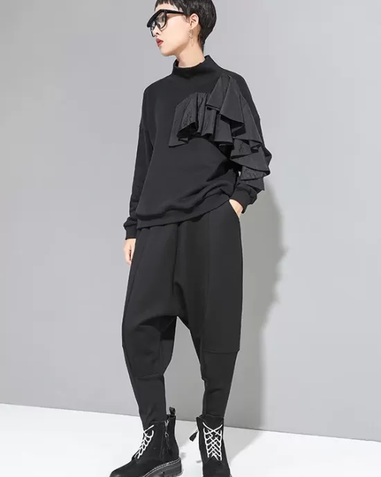 Stylish Black Velvet Split-Joint Harem Pants