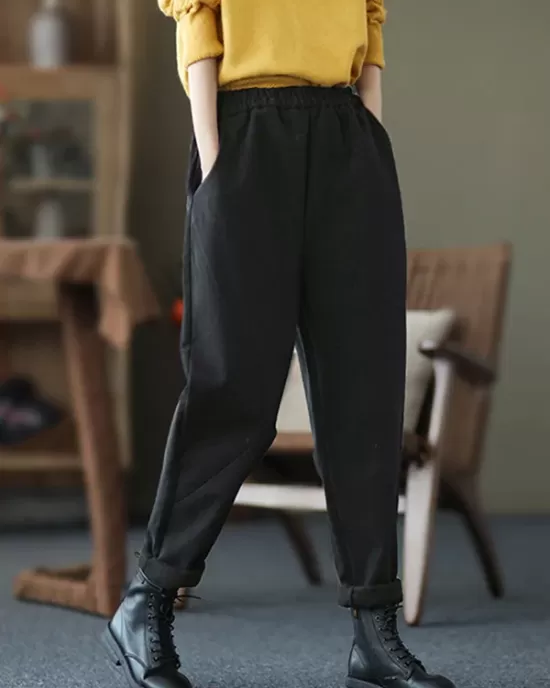 Thicken Velvet Elasticity Solid Color  Casual Pants